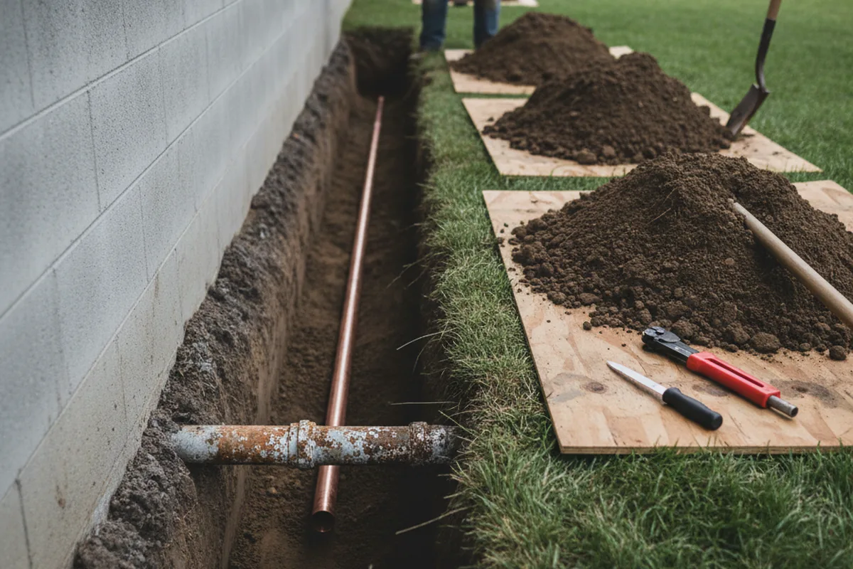Excavated water line trench during Sewer Line Repair in Canyon Country